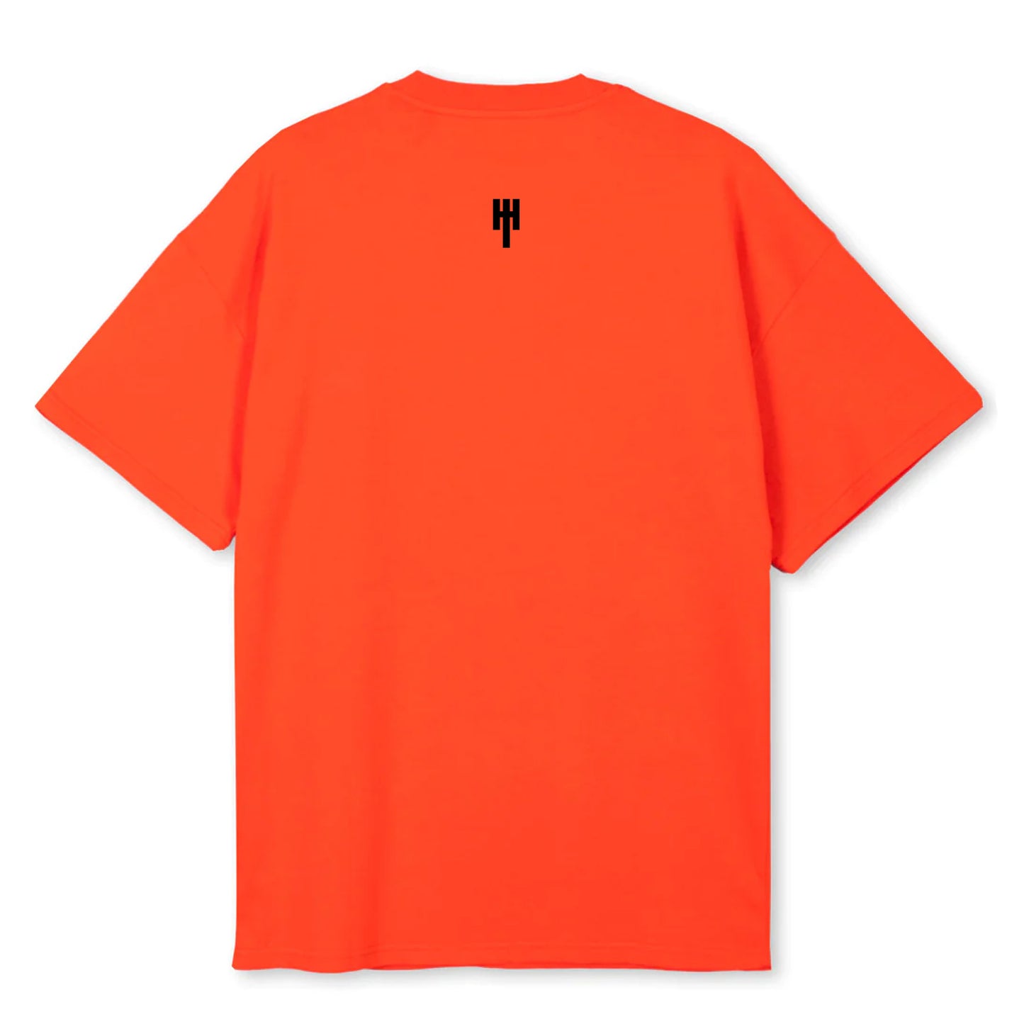 Back view of an oversized orange t-shirt with our company emblem centered beneath the neckline.