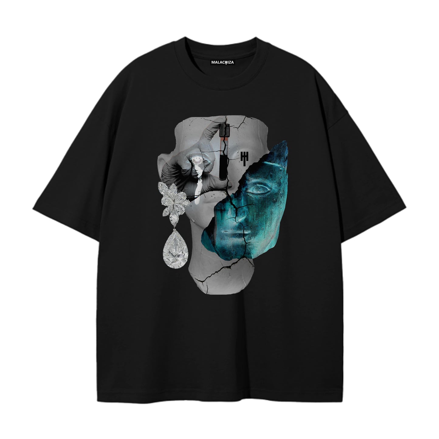 Flat product image of an oversized black t-shirt with a digitally printed design.