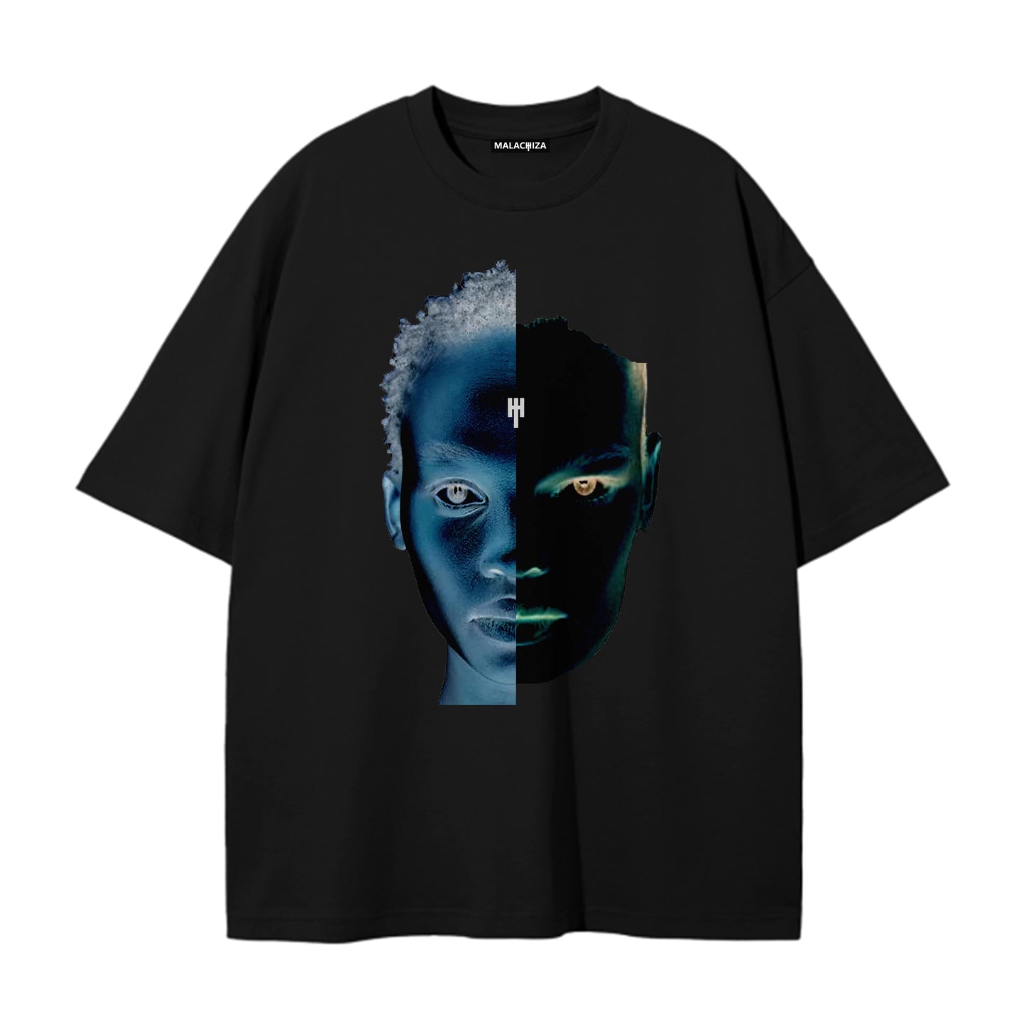 Flat product image of an oversized black t-shirt with a digitally printed design.