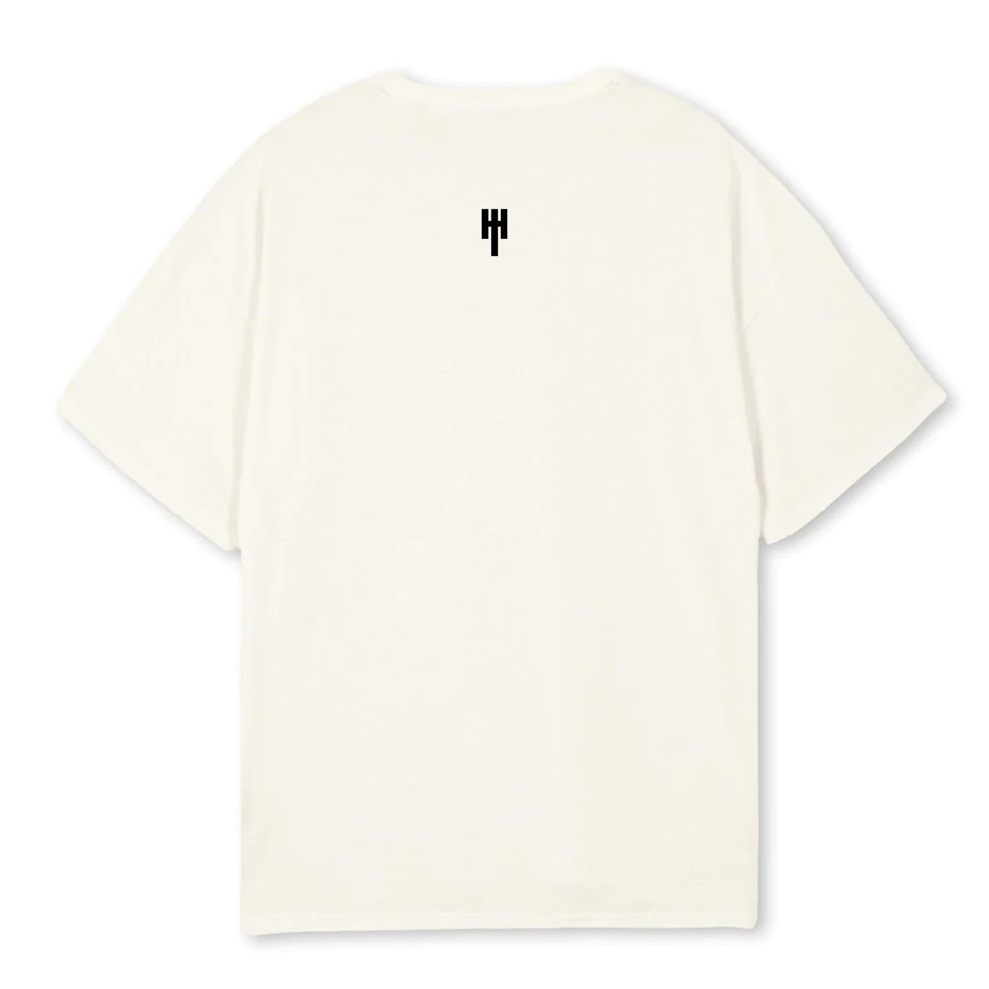 Back view of an oversized cream t-shirt with our company emblem centered beneath the neckline.