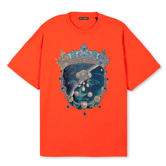 Flat product image of an oversized orange t-shirt with a digitally printed design.