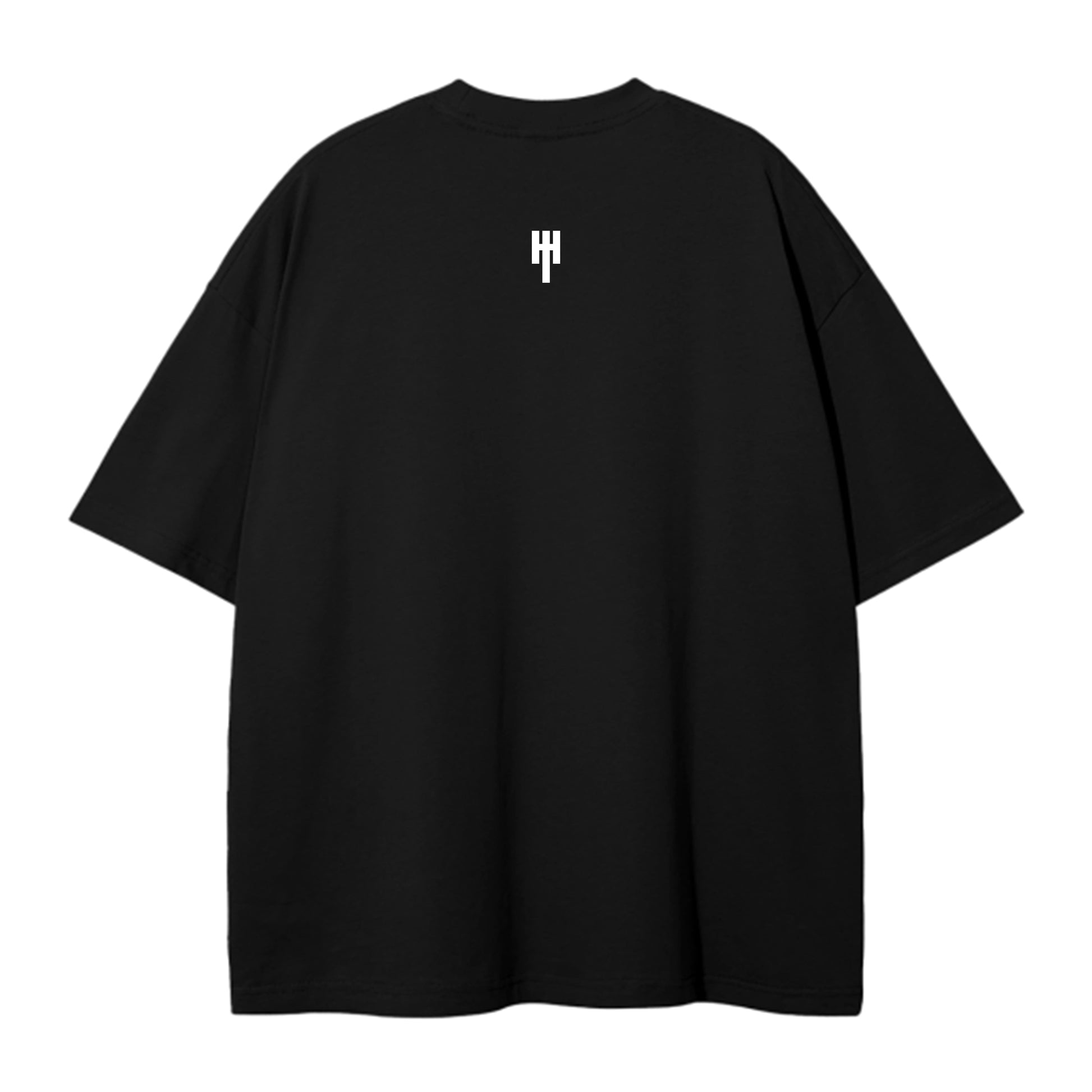 Back view of an oversized black t-shirt with our company emblem centered beneath the neckline.