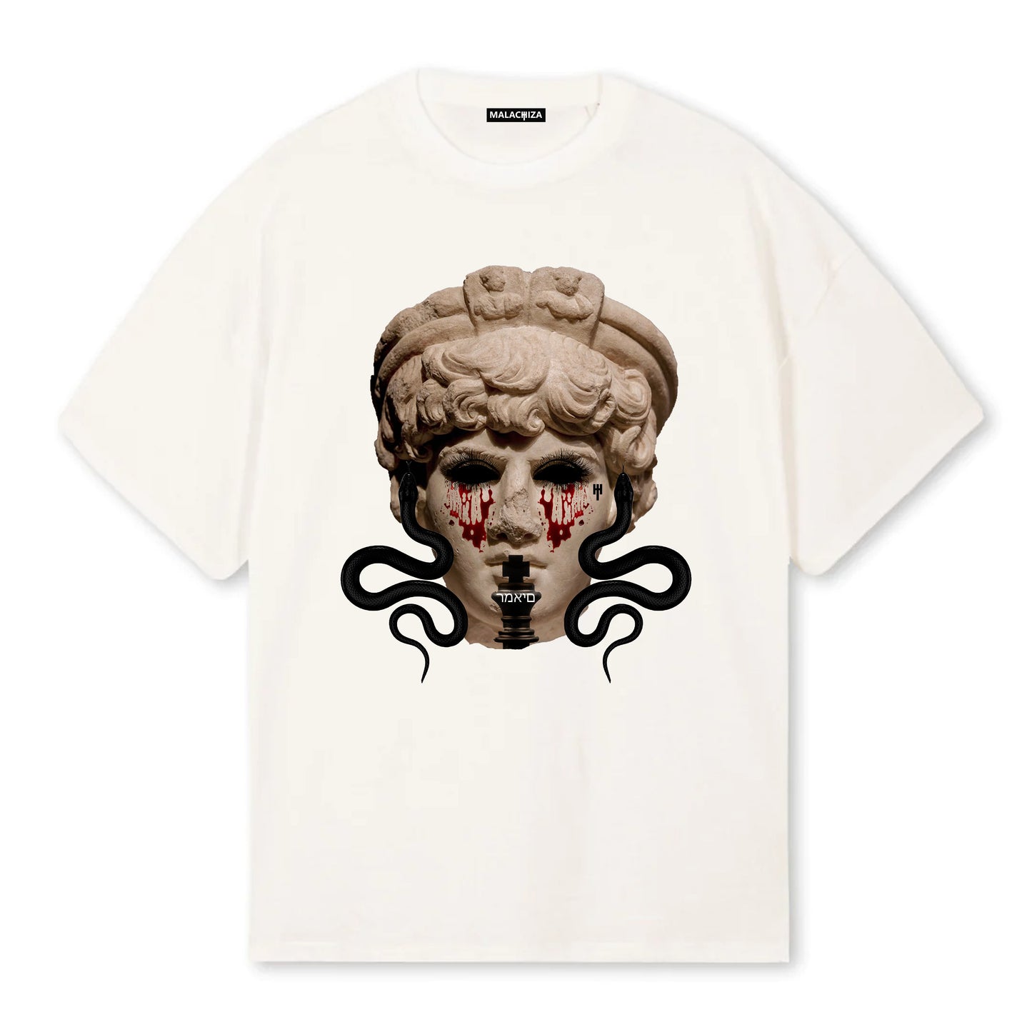 Flat product image of an oversized vintage white t-shirt with a digitally printed design.