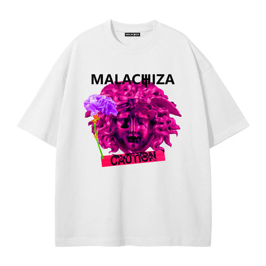 Flat product image of an oversized white t-shirt with a digitally printed design.