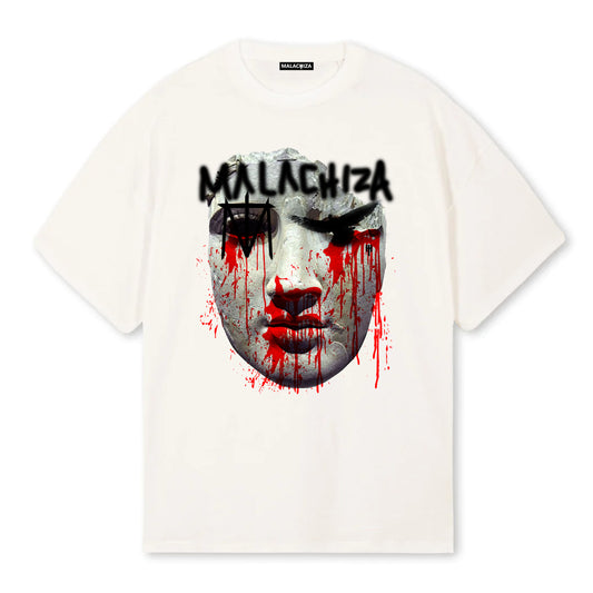 Flat product image of an oversized vintage white t-shirt with a digitally printed design.