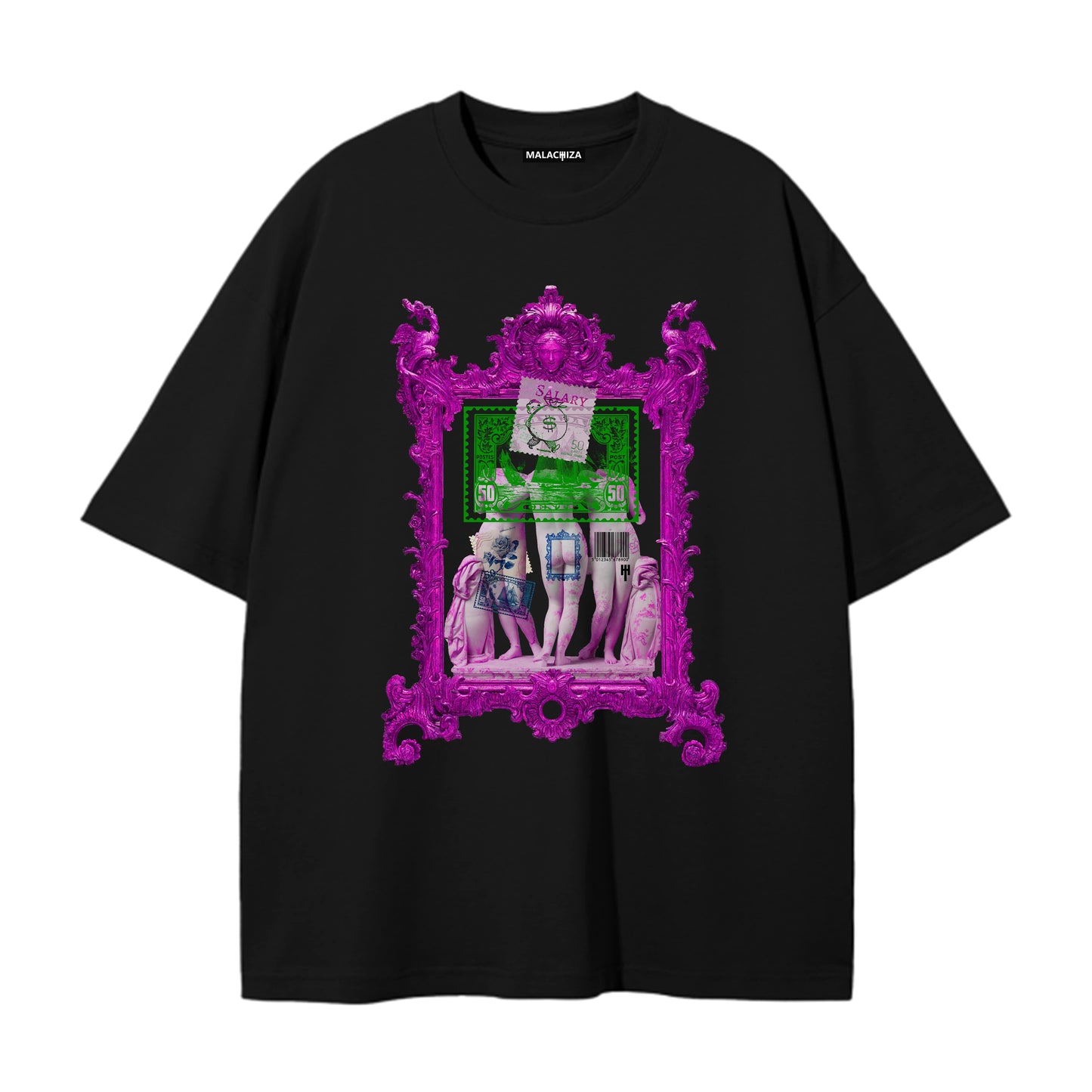 Flat product image of an oversized black t-shirt with a digitally printed design.