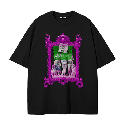 Flat product image of an oversized black t-shirt with a digitally printed design.