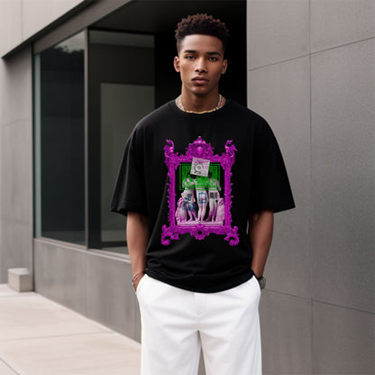 Male model wearing an oversized black t-shirt featuring a digitally printed design.