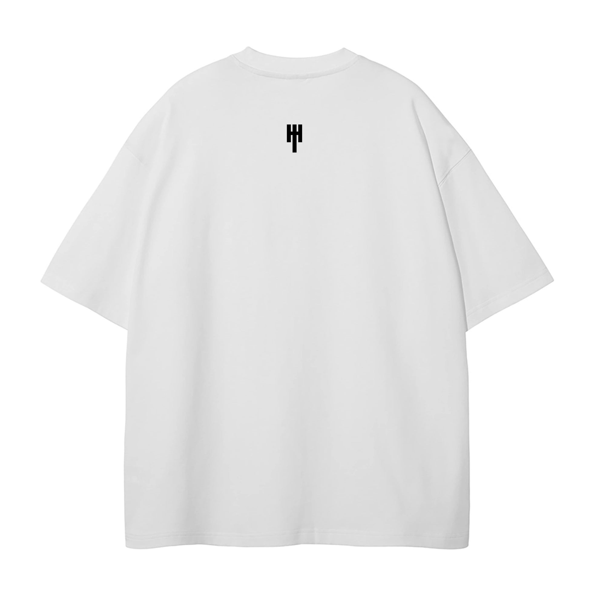 Back view of an oversized white t-shirt with our company emblem centered beneath the neckline.